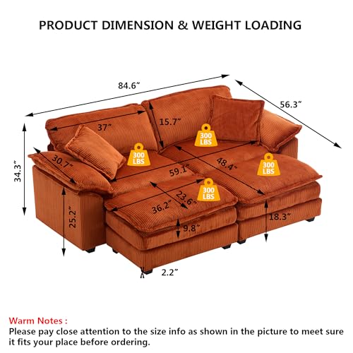 Aoowow Corduroy Loveseat Sofa Couch with Ottomans,Modular Sectional 2 Seater Sofa with Deep Seat,Modern Cloud Sofas with Throw Pillows for Living Room (Corduroy Burnt Orange, Loveseat with Ottoman)