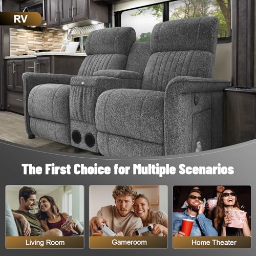 IROSTAE Loveseat Recliner Sofa with Console, RV Reclining Loveseat with Folding Side Table, Manual Love Seat Recliner Sofa with Bluetooth Speakers, Double Recliner Loveseat with USB Ports - Grey