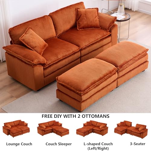 Aoowow Corduroy Loveseat Sofa Couch with Ottomans,Modular Sectional 2 Seater Sofa with Deep Seat,Modern Cloud Sofas with Throw Pillows for Living Room (Corduroy Burnt Orange, Loveseat with Ottoman)