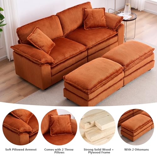 Aoowow Corduroy Loveseat Sofa Couch with Ottomans,Modular Sectional 2 Seater Sofa with Deep Seat,Modern Cloud Sofas with Throw Pillows for Living Room (Corduroy Burnt Orange, Loveseat with Ottoman)
