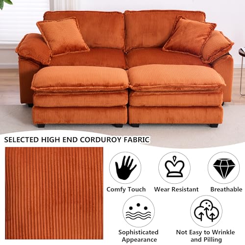 Aoowow Corduroy Loveseat Sofa Couch with Ottomans,Modular Sectional 2 Seater Sofa with Deep Seat,Modern Cloud Sofas with Throw Pillows for Living Room (Corduroy Burnt Orange, Loveseat with Ottoman)
