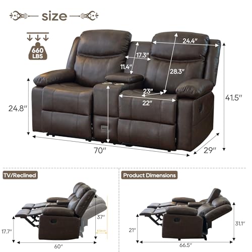 PALLOME Loveseat Recliner Sofa, PU Leather Loveseat Recliner, Manual Recliner Loveseat with Console, Double Recliner RV Sofa with Cup Holders and Side Pocket for Living Room/Office/Apartment (Brown)