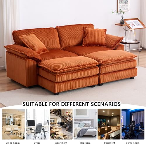 Aoowow Corduroy Loveseat Sofa Couch with Ottomans,Modular Sectional 2 Seater Sofa with Deep Seat,Modern Cloud Sofas with Throw Pillows for Living Room (Corduroy Burnt Orange, Loveseat with Ottoman)