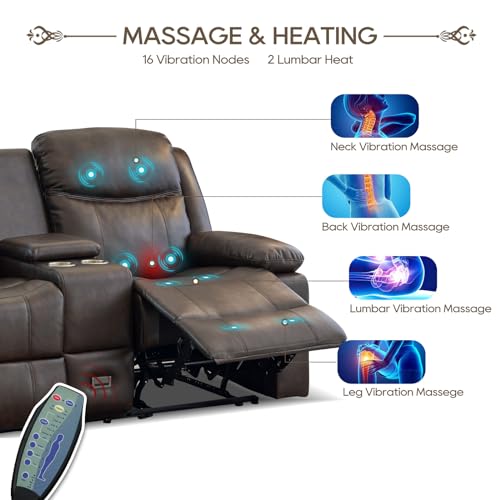 PALLOME Loveseat Recliner Sofa, PU Leather Loveseat Recliner, Manual Recliner Loveseat with Console, Double Recliner RV Sofa with Cup Holders and Side Pocket for Living Room/Office/Apartment (Brown)