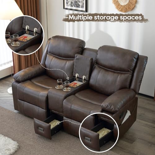 PALLOME Loveseat Recliner Sofa, PU Leather Loveseat Recliner, Manual Recliner Loveseat with Console, Double Recliner RV Sofa with Cup Holders and Side Pocket for Living Room/Office/Apartment (Brown)