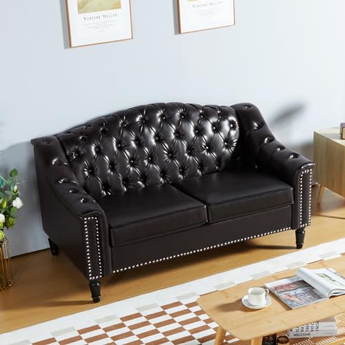 LEVNARY Chesterfield Loveseat Leather, Upholstered Sofa with Button-Tufted Back, Mid-Century Modern Sofa with Solid Wood Legs, 2 Seater Couches for Living Room (Brown)