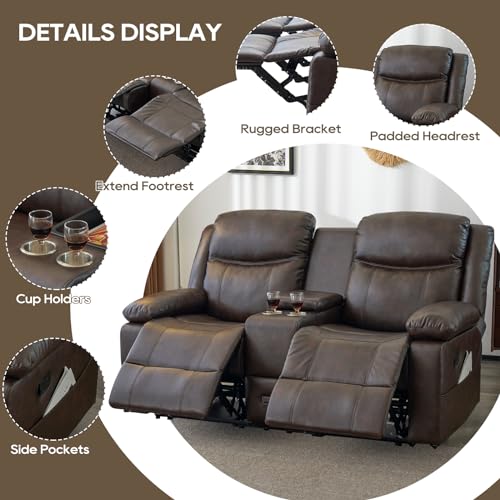 PALLOME Loveseat Recliner Sofa, PU Leather Loveseat Recliner, Manual Recliner Loveseat with Console, Double Recliner RV Sofa with Cup Holders and Side Pocket for Living Room/Office/Apartment (Brown)