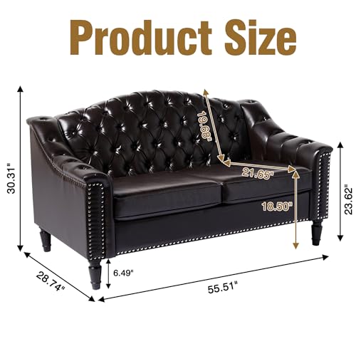 LEVNARY Chesterfield Loveseat Leather, Upholstered Sofa with Button-Tufted Back, Mid-Century Modern Sofa with Solid Wood Legs, 2 Seater Couches for Living Room (Brown)