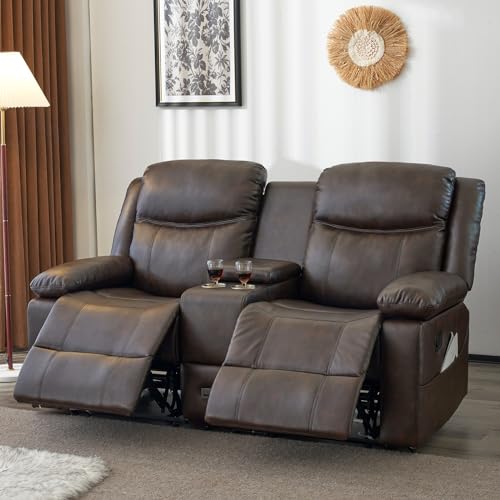 PALLOME Loveseat Recliner Sofa, PU Leather Loveseat Recliner, Manual Recliner Loveseat with Console, Double Recliner RV Sofa with Cup Holders and Side Pocket for Living Room/Office/Apartment (Brown)