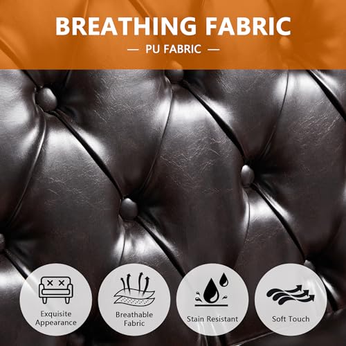 LEVNARY Chesterfield Loveseat Leather, Upholstered Sofa with Button-Tufted Back, Mid-Century Modern Sofa with Solid Wood Legs, 2 Seater Couches for Living Room (Brown)