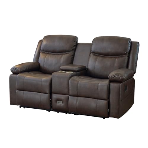 PALLOME Loveseat Recliner Sofa, PU Leather Loveseat Recliner, Manual Recliner Loveseat with Console, Double Recliner RV Sofa with Cup Holders and Side Pocket for Living Room/Office/Apartment (Brown)