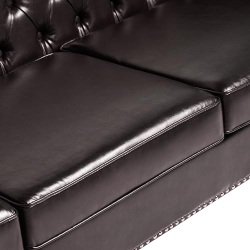 LEVNARY Chesterfield Loveseat Leather, Upholstered Sofa with Button-Tufted Back, Mid-Century Modern Sofa with Solid Wood Legs, 2 Seater Couches for Living Room (Brown)