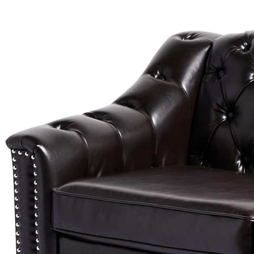 LEVNARY Chesterfield Loveseat Leather, Upholstered Sofa with Button-Tufted Back, Mid-Century Modern Sofa with Solid Wood Legs, 2 Seater Couches for Living Room (Brown)