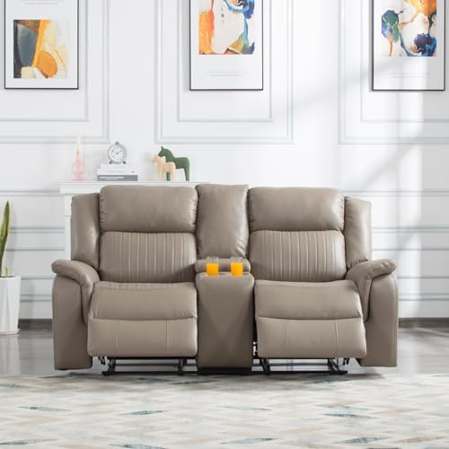 Acosure 72" PU Manual Reclining Loveseat Sofa with 2 Cup Holder and Storage,Multifunction Upholstered Couch W/Adjustable Backrest & Footboards,Smart Furniture for Living Room Bedroom Apartment,Grey