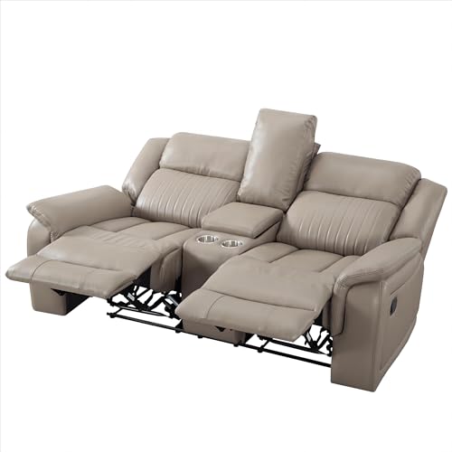 Acosure 72" PU Manual Reclining Loveseat Sofa with 2 Cup Holder and Storage,Multifunction Upholstered Couch W/Adjustable Backrest & Footboards,Smart Furniture for Living Room Bedroom Apartment,Grey