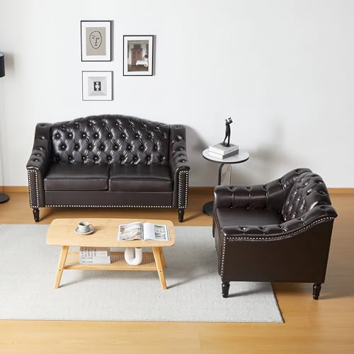 LEVNARY Chesterfield Loveseat Leather, Upholstered Sofa with Button-Tufted Back, Mid-Century Modern Sofa with Solid Wood Legs, 2 Seater Couches for Living Room (Brown)
