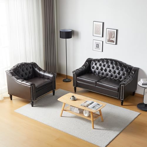 LEVNARY Chesterfield Loveseat Leather, Upholstered Sofa with Button-Tufted Back, Mid-Century Modern Sofa with Solid Wood Legs, 2 Seater Couches for Living Room (Brown)