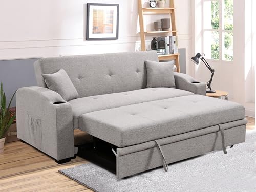 ZIGHTH 75'' Convertible Queen Sleeper Sofa Bed with Pull Out & Tufted Design for Living Room. Modern Linen Loveseat Couch with Cup Holders and Adjustable Backrest, Side Pocket - Grey.