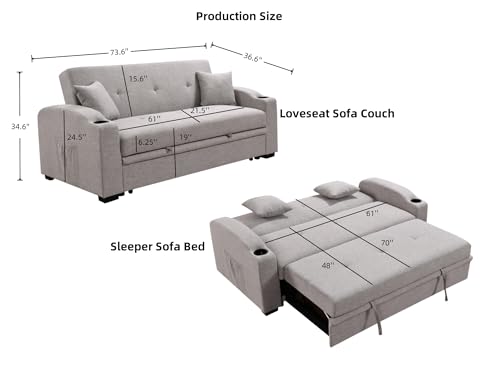 ZIGHTH 75'' Convertible Queen Sleeper Sofa Bed with Pull Out & Tufted Design for Living Room. Modern Linen Loveseat Couch with Cup Holders and Adjustable Backrest, Side Pocket - Grey.