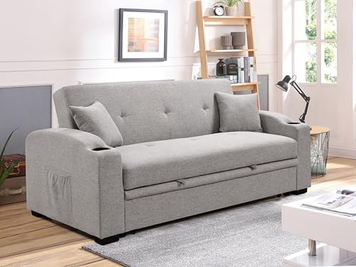 ZIGHTH 75'' Convertible Queen Sleeper Sofa Bed with Pull Out & Tufted Design for Living Room. Modern Linen Loveseat Couch with Cup Holders and Adjustable Backrest, Side Pocket - Grey.