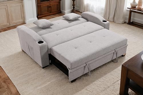ZIGHTH 75'' Convertible Queen Sleeper Sofa Bed with Pull Out & Tufted Design for Living Room. Modern Linen Loveseat Couch with Cup Holders and Adjustable Backrest, Side Pocket - Grey.