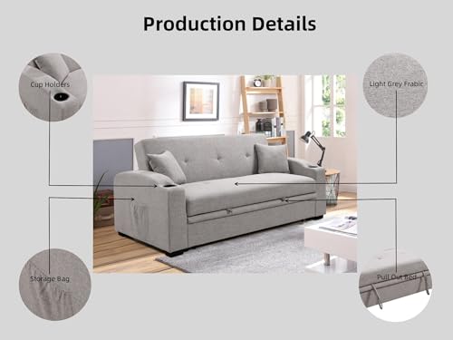 ZIGHTH 75'' Convertible Queen Sleeper Sofa Bed with Pull Out & Tufted Design for Living Room. Modern Linen Loveseat Couch with Cup Holders and Adjustable Backrest, Side Pocket - Grey.