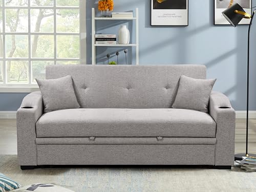 ZIGHTH 75'' Convertible Queen Sleeper Sofa Bed with Pull Out & Tufted Design for Living Room. Modern Linen Loveseat Couch with Cup Holders and Adjustable Backrest, Side Pocket - Grey.