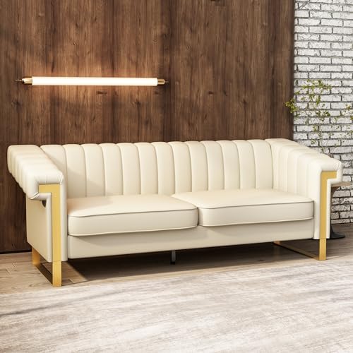 ReyTinn PU Faux Leather Sofa, 83.86" Mid-Century Modern Oversized Loveseat Couch, Large Classic Upholstered 3-Seater Deep Sofa with Arms for Living Room, Apartment, Office Beige