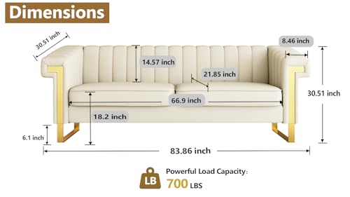 ReyTinn PU Faux Leather Sofa, 83.86" Mid-Century Modern Oversized Loveseat Couch, Large Classic Upholstered 3-Seater Deep Sofa with Arms for Living Room, Apartment, Office Beige