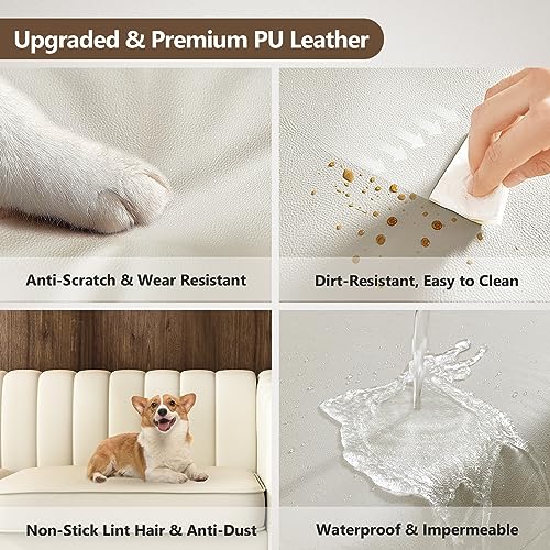 ReyTinn PU Faux Leather Sofa, 83.86" Mid-Century Modern Oversized Loveseat Couch, Large Classic Upholstered 3-Seater Deep Sofa with Arms for Living Room, Apartment, Office Beige