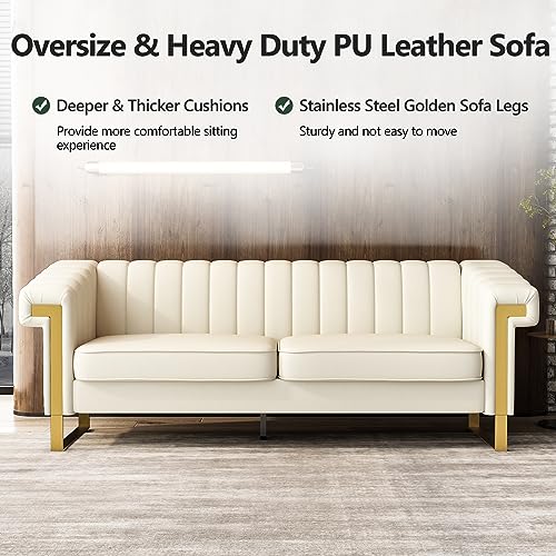 ReyTinn PU Faux Leather Sofa, 83.86" Mid-Century Modern Oversized Loveseat Couch, Large Classic Upholstered 3-Seater Deep Sofa with Arms for Living Room, Apartment, Office Beige