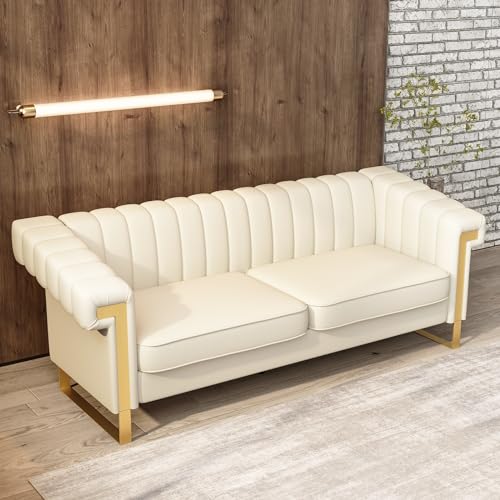 ReyTinn PU Faux Leather Sofa, 83.86" Mid-Century Modern Oversized Loveseat Couch, Large Classic Upholstered 3-Seater Deep Sofa with Arms for Living Room, Apartment, Office Beige