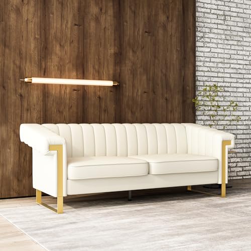 ReyTinn PU Faux Leather Sofa, 83.86" Mid-Century Modern Oversized Loveseat Couch, Large Classic Upholstered 3-Seater Deep Sofa with Arms for Living Room, Apartment, Office Beige