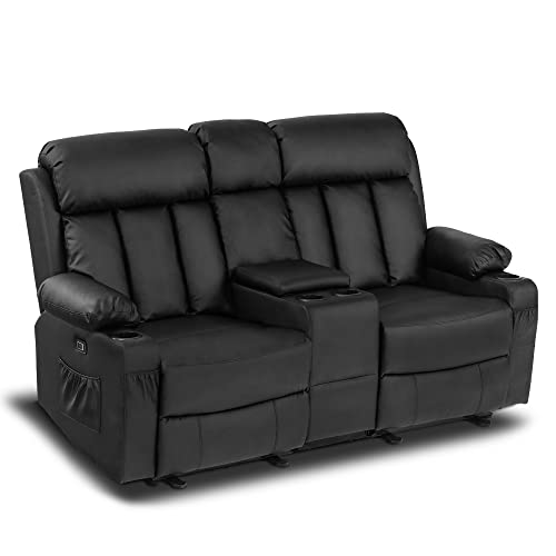 MCombo Electric Power Loveseat Recliner, Faux Leather Power Reclining Sofa with Heat and Massage, USB Ports, Cup Holders for Living Room 6095 (Loveseat Recliner with Console, Black)
