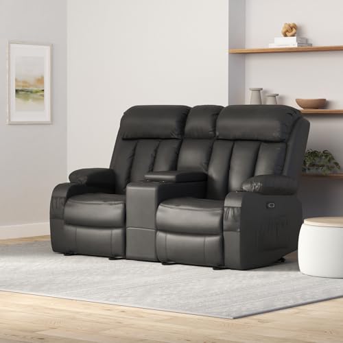 MCombo Electric Power Loveseat Recliner, Faux Leather Power Reclining Sofa with Heat and Massage, USB Ports, Cup Holders for Living Room 6095 (Loveseat Recliner with Console, Black)