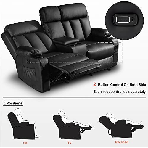 MCombo Electric Power Loveseat Recliner, Faux Leather Power Reclining Sofa with Heat and Massage, USB Ports, Cup Holders for Living Room 6095 (Loveseat Recliner with Console, Black)