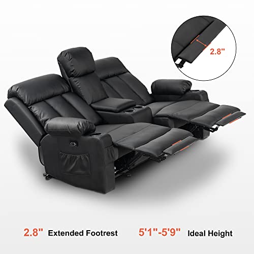 MCombo Electric Power Loveseat Recliner, Faux Leather Power Reclining Sofa with Heat and Massage, USB Ports, Cup Holders for Living Room 6095 (Loveseat Recliner with Console, Black)