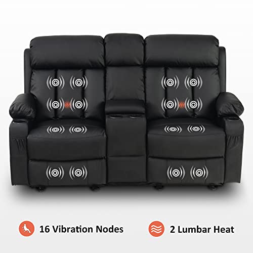 MCombo Electric Power Loveseat Recliner, Faux Leather Power Reclining Sofa with Heat and Massage, USB Ports, Cup Holders for Living Room 6095 (Loveseat Recliner with Console, Black)