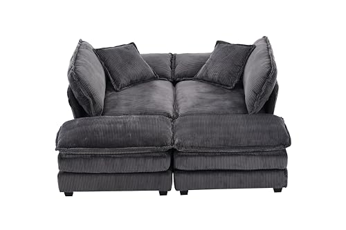 Free Combination Convertible Modular Sectional Sofa Cloud Couch, Comfy Corduroy Double-Upholstered Sleeper Sofa,84.6" Wide Loveseat Couches with Moveable Ottomans and Detachable Pillow-top Armrest