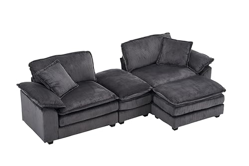Free Combination Convertible Modular Sectional Sofa Cloud Couch, Comfy Corduroy Double-Upholstered Sleeper Sofa,84.6" Wide Loveseat Couches with Moveable Ottomans and Detachable Pillow-top Armrest