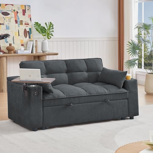 3 in 1 Queen Pull Out Sleeper Sofa Couch Bed ,Oversized Convertible Chenille Futon Loveseat Lounge Recliner with Reclining Backrest ,Storage Armrest ,USB Port,Side Table and Cupholders for Living Room