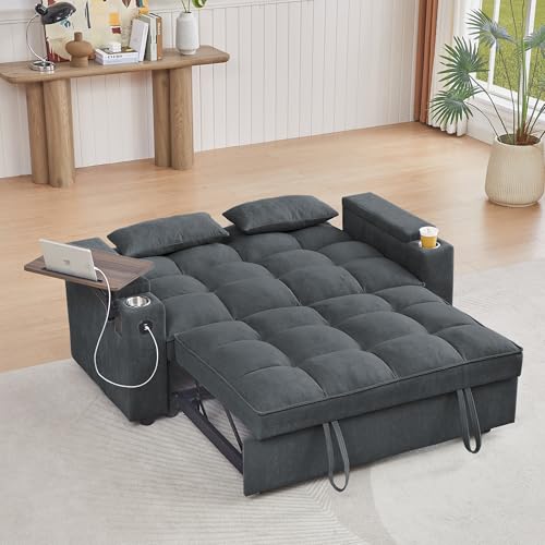 3 in 1 Queen Pull Out Sleeper Sofa Couch Bed ,Oversized Convertible Chenille Futon Loveseat Lounge Recliner with Reclining Backrest ,Storage Armrest ,USB Port,Side Table and Cupholders for Living Room