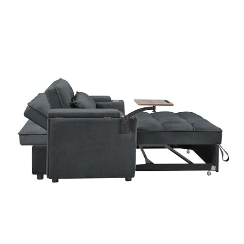 3 in 1 Queen Pull Out Sleeper Sofa Couch Bed ,Oversized Convertible Chenille Futon Loveseat Lounge Recliner with Reclining Backrest ,Storage Armrest ,USB Port,Side Table and Cupholders for Living Room