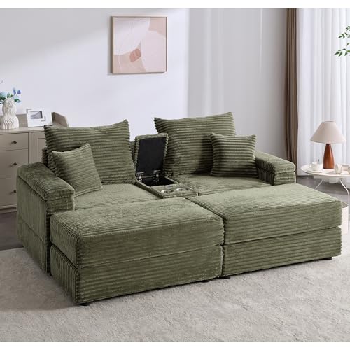 Tmsan 82.7" Modular Sectional Sleeper Sofa with Double Chaise/2 Cup Holders/USB Ports/1 Storage, Modern Corduroy Deep Seat Cloud Loveseat with Ottomans for Living Room Apartment Office (Green)