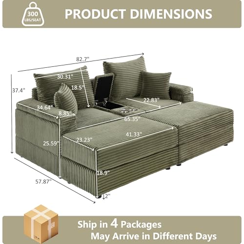 Tmsan 82.7" Modular Sectional Sleeper Sofa with Double Chaise/2 Cup Holders/USB Ports/1 Storage, Modern Corduroy Deep Seat Cloud Loveseat with Ottomans for Living Room Apartment Office (Green)