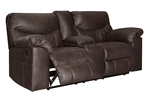 Signature Design by Ashley Boxberg Faux Leather Manual Double Reclining Loveseat with Center Console, Dark Brown