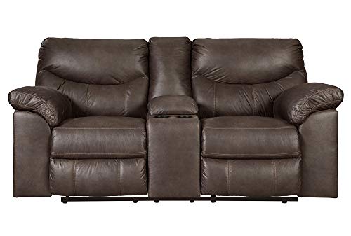 Signature Design by Ashley Boxberg Faux Leather Manual Double Reclining Loveseat with Center Console, Dark Brown