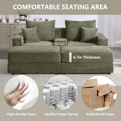 Tmsan 82.7" Modular Sectional Sleeper Sofa with Double Chaise/2 Cup Holders/USB Ports/1 Storage, Modern Corduroy Deep Seat Cloud Loveseat with Ottomans for Living Room Apartment Office (Green)