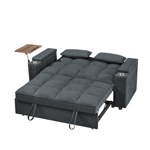3 in 1 Queen Pull Out Sleeper Sofa Couch Bed ,Oversized Convertible Chenille Futon Loveseat Lounge Recliner with Reclining Backrest ,Storage Armrest ,USB Port,Side Table and Cupholders for Living Room