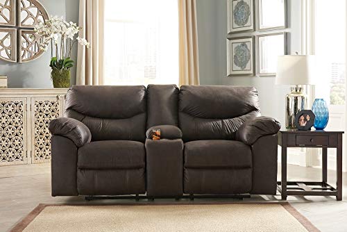 Signature Design by Ashley Boxberg Faux Leather Manual Double Reclining Loveseat with Center Console, Dark Brown